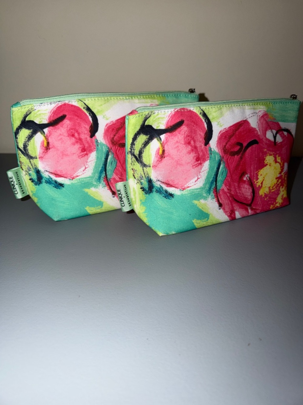 (2)Clinique x Drawbertson Floral Cosmetic Pouch- Pink & Aqua